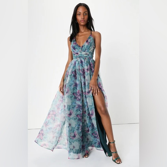 Lulus Dresses & Skirts - Lulus Romance That Wows Dark Teal Floral Print Organza Maxi Dress L Formal Prom